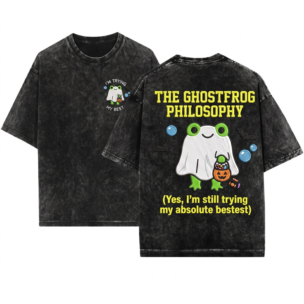 Im Trying My Best Cute Ghost Frog Embroidered Kawaii Fall Spooky Season Halloween Gift Unisex Wash T-Shirt