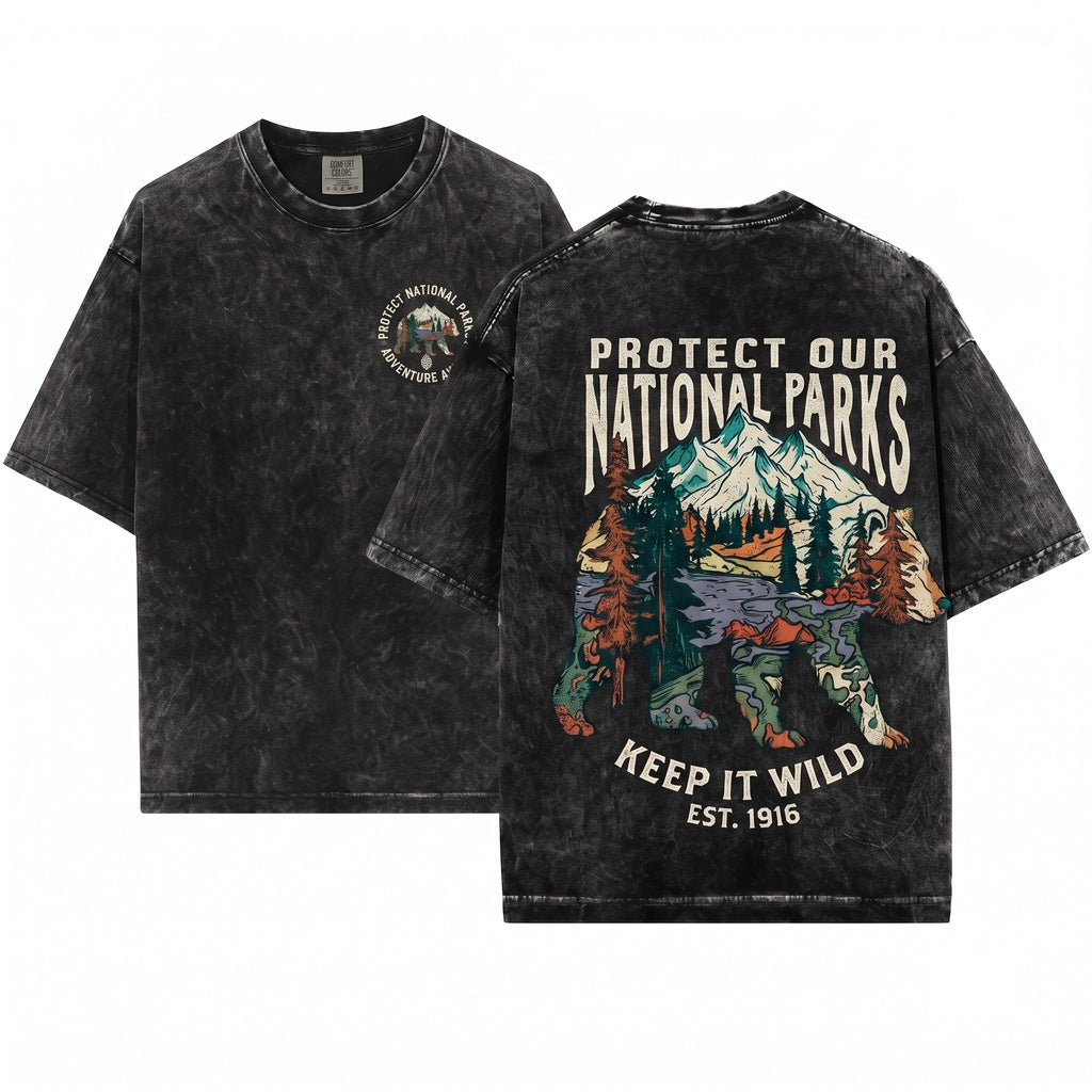 Vintage National Park Bear Graphic Wildlife Conservation Mountain Forest Nature Aesthetic Top Gift Unisex Wash T-Shirt