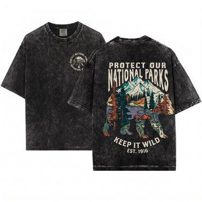Vintage National Park Bear Graphic Wildlife Conservation Mountain Forest Nature Aesthetic Top Gift Unisex Wash T-Shirt
