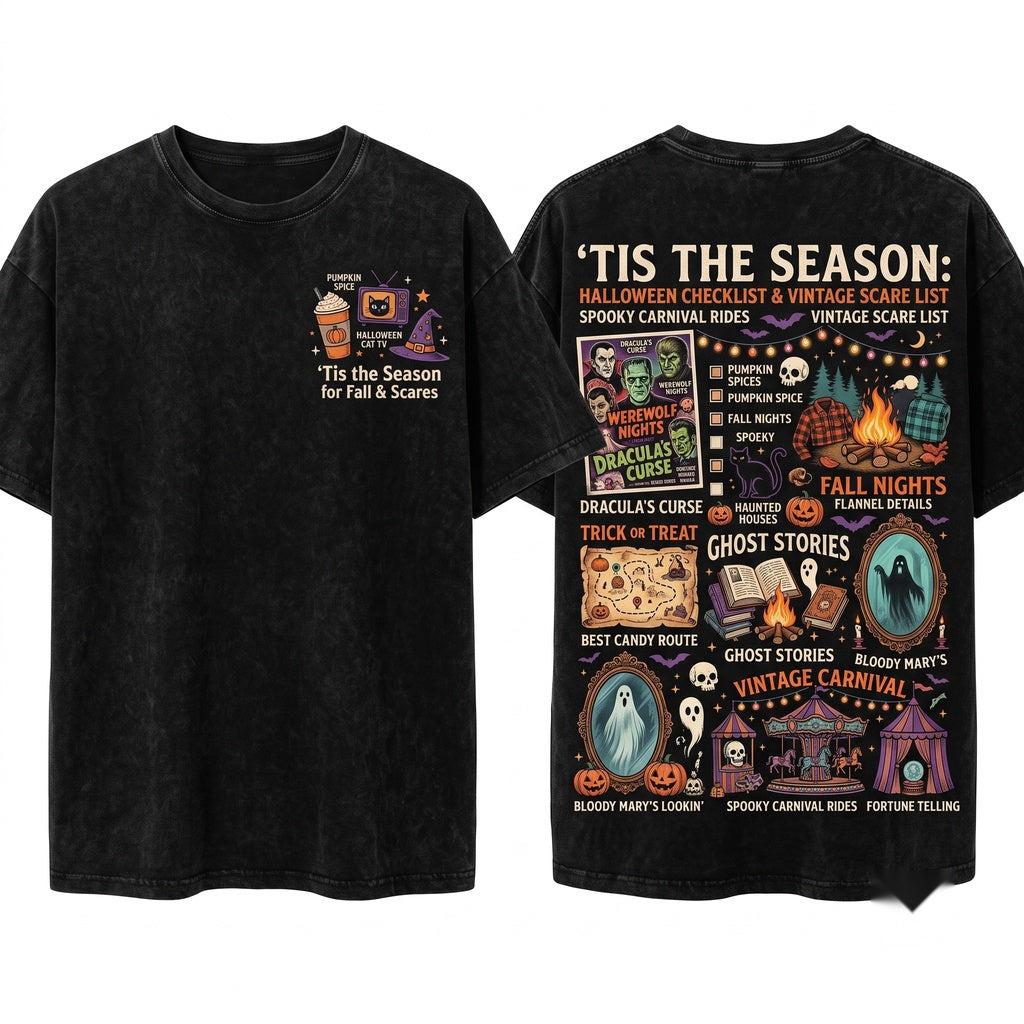 Tis The Season Halloween Vintage Spooky Festive Graphic Unisex Wash T-Shirt
