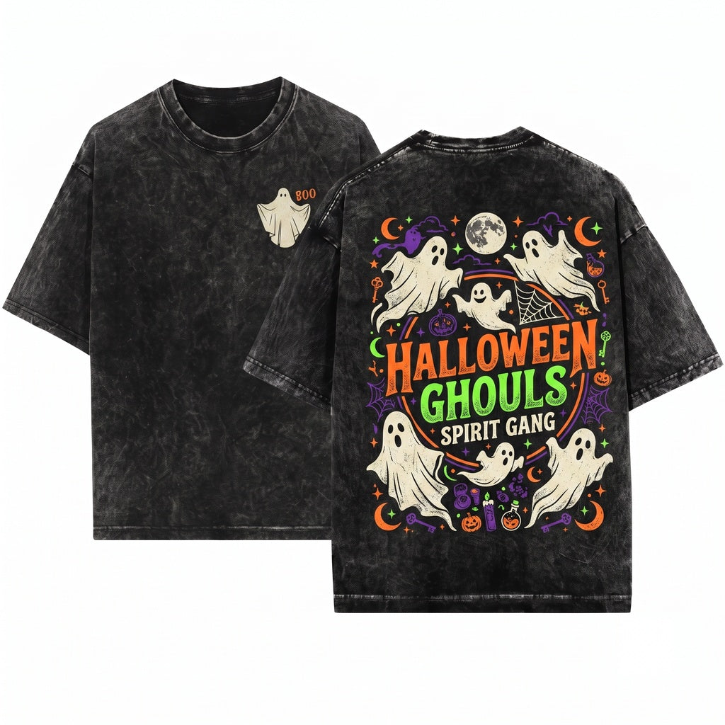 Retro Vintage Halloween Ghost Haunted House Spooky Season Vibes Womens Boxy Cropped Unisex Wash T-Shirt