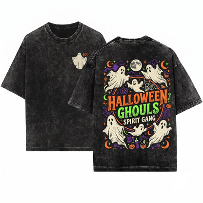 Retro Vintage Halloween Ghost Haunted House Spooky Season Vibes Womens Boxy Cropped Unisex Wash T-Shirt