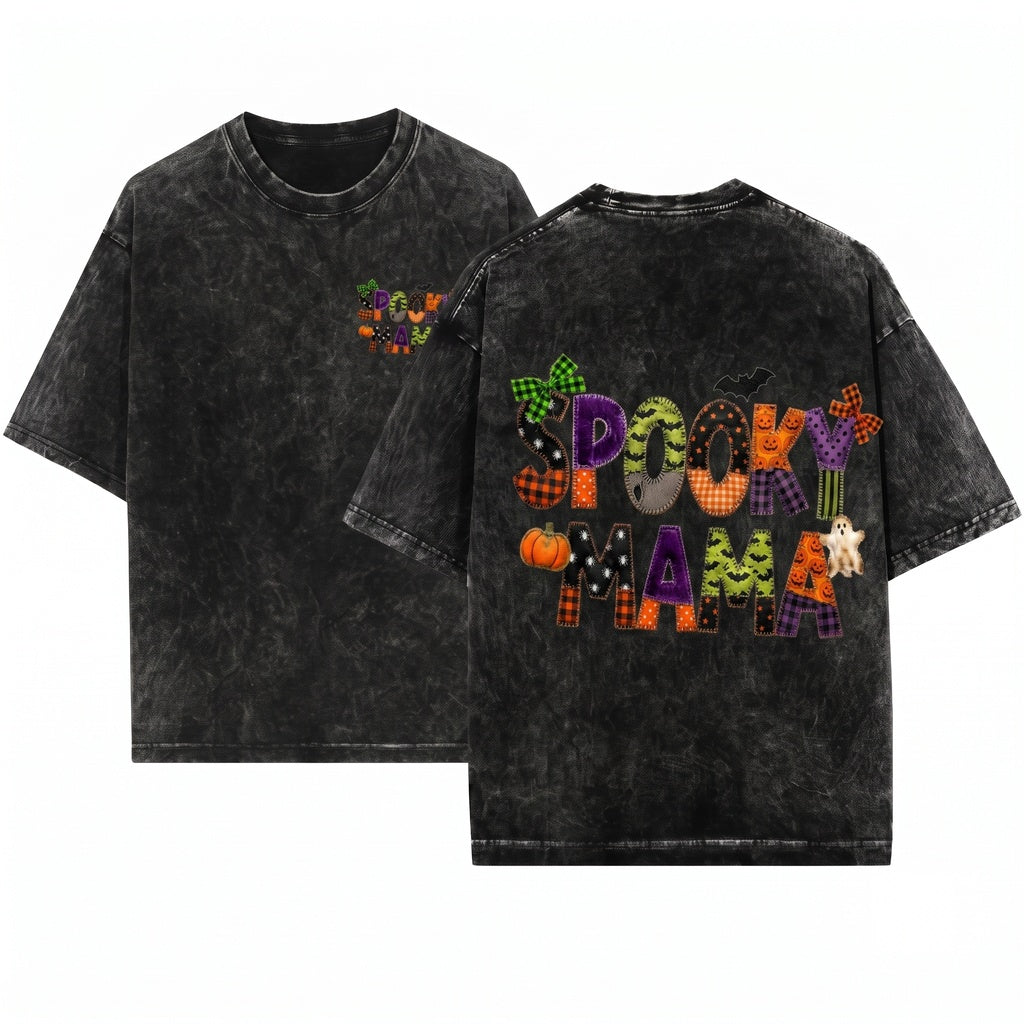 Faux Patchwork Spooky Mama Plaid Halloween Quilt Letter Pumpkin Ghost Fall Graphic Unisex Wash T-Shirt