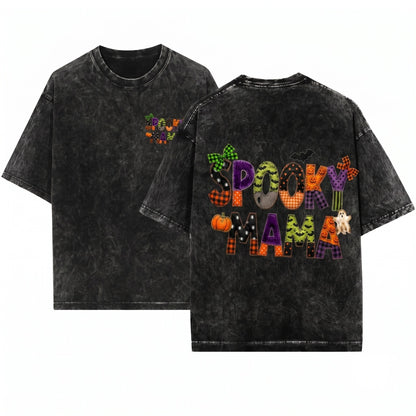 Faux Patchwork Spooky Mama Plaid Halloween Quilt Letter Pumpkin Ghost Fall Graphic Unisex Wash T-Shirt