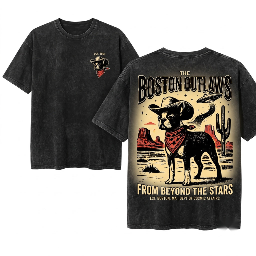 Vintage Western Cowboy Boston Terrier Alien UFO Dog Retro Gift Mom Dad Lovers Unisex Wash T-Shirt