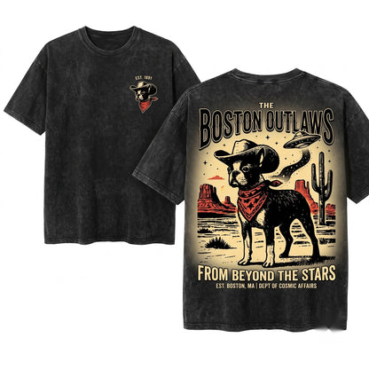 Vintage Western Cowboy Boston Terrier Alien UFO Dog Retro Gift Mom Dad Lovers Unisex Wash T-Shirt
