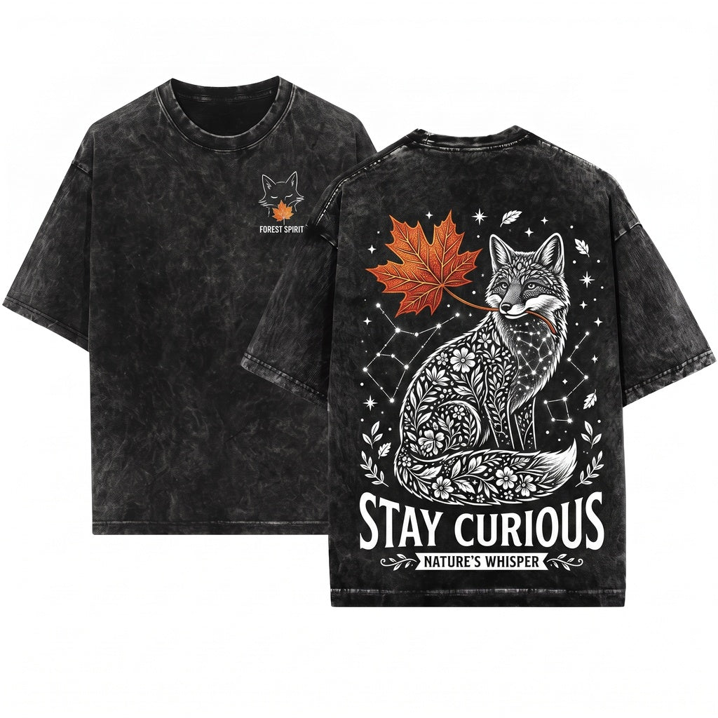 Y2K Autumn Fox Maple Leaf Graphic Woodland Animal Minimal Nature Lover Gift Apparel Unisex Wash T-Shirt
