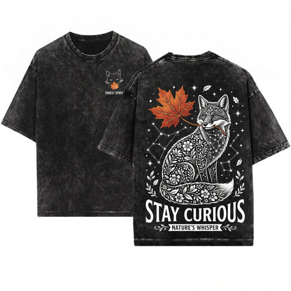 Y2K Autumn Fox Maple Leaf Graphic Woodland Animal Minimal Nature Lover Gift Apparel Unisex Wash T-Shirt