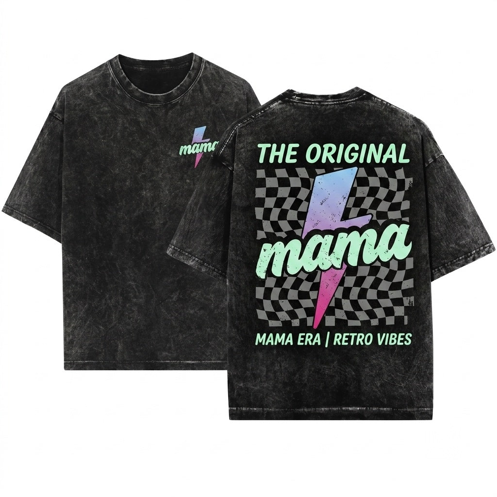 Retro Checkered Mama Lightning Bolt Neon Mothers Day Gift Mom Graphic Unisex Wash T-Shirt