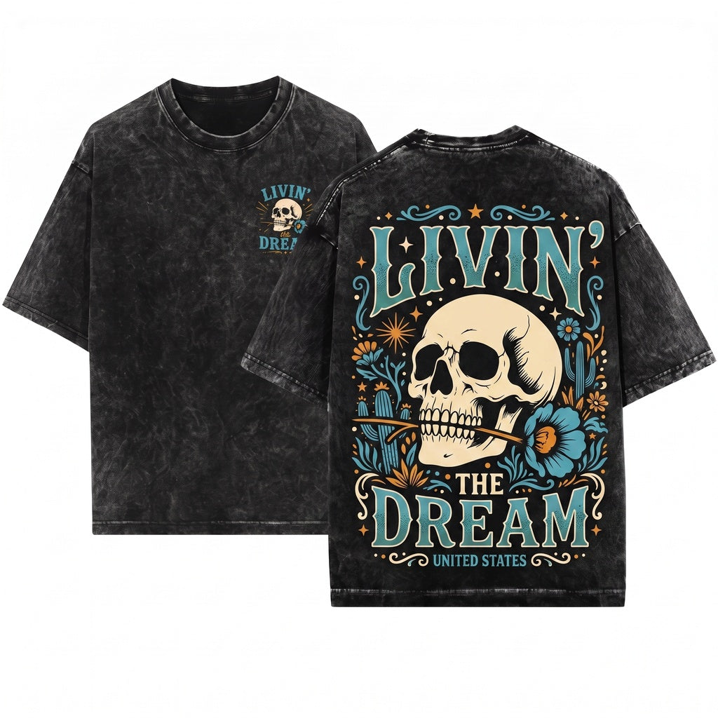 Livin The Dream Vintage Retro Skull Biker Graphic Rock Style Gift Unisex Wash T-Shirt