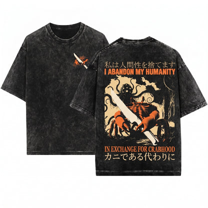 I Abandon My Humanity Funny Vintage Japanese Crab Navy Unisex Wash T-Shirt