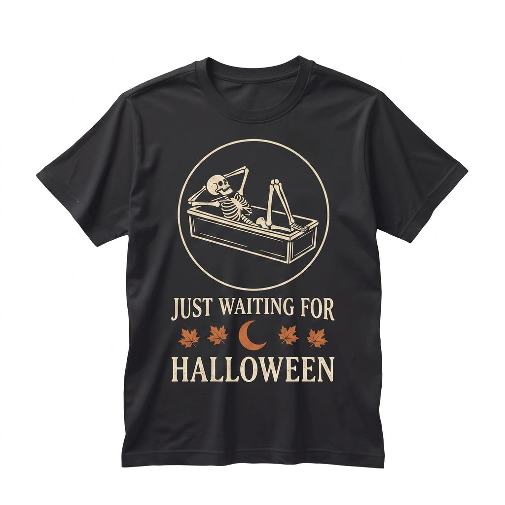 Just Waiting For Halloween Skeleton Coffin Falling Leaves Moon Spooky Season Graphic Unisex TShirt