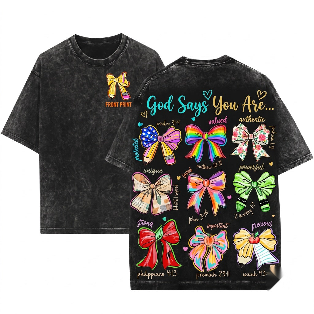 Christian God Says I Am Teacher Coquette Pencil Bow Back To School Graphic Apparel Unisex Wash T-Shirt