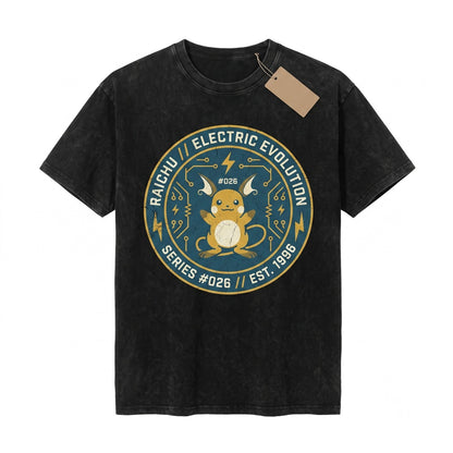 Vintage Wash Electric Rodent Evolution Graphic Anime Double-Sided Retro Oversized Gamer Cotton Apparel Unisex TShirt