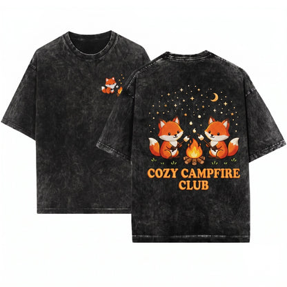 Cute Woodland Campfire Embroidered Fox Camping Unisex Wash T-Shirt