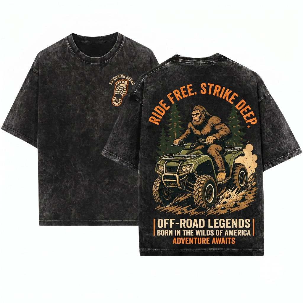 Funny Bigfoot Sasquatch Cryptid ATV Quad 4-Wheeler Off-Road Rider Gift Unisex Wash T-Shirt