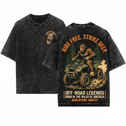 Funny Bigfoot Sasquatch Cryptid ATV Quad 4-Wheeler Off-Road Rider Gift Unisex Wash T-Shirt