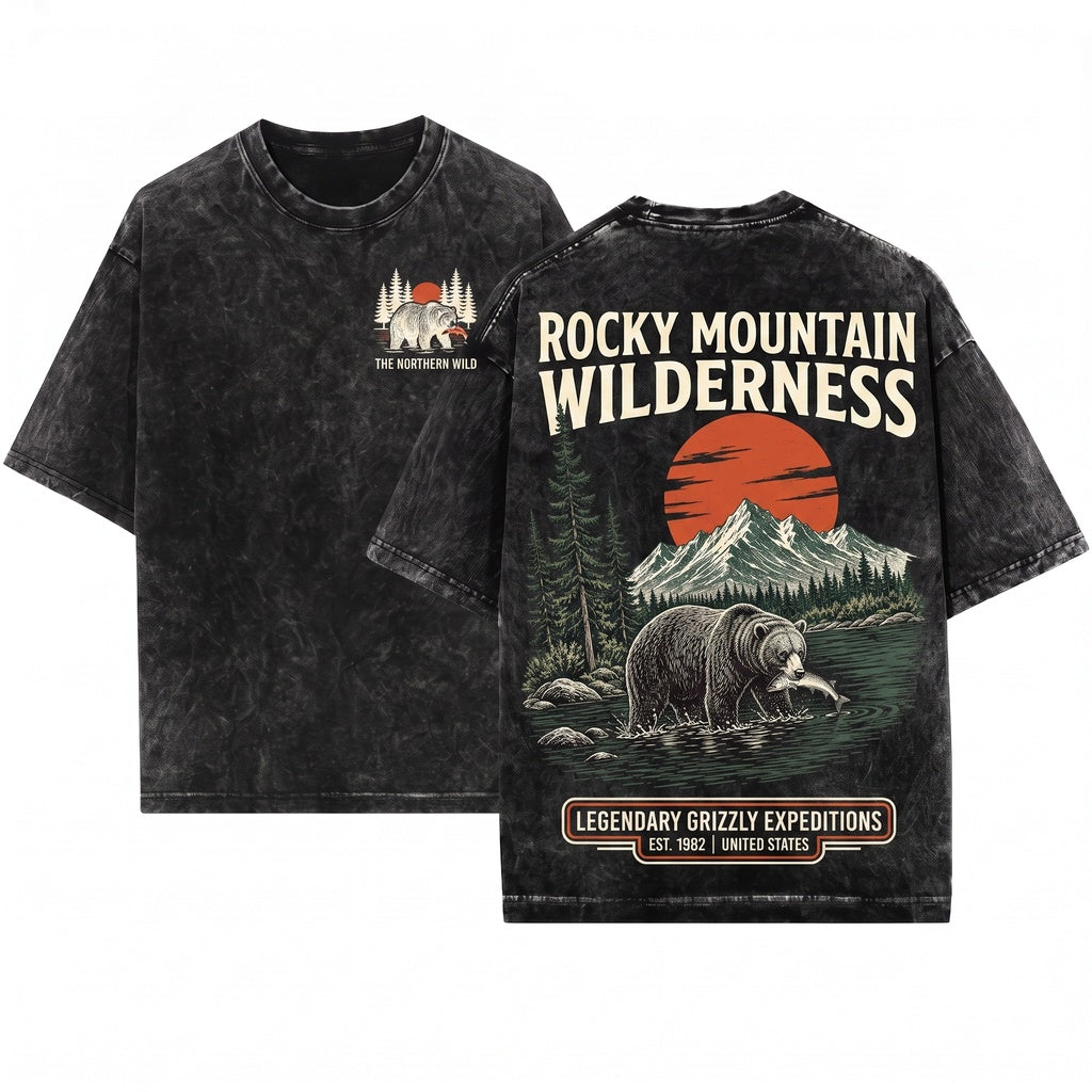 Bear Fishing Mountain Wilderness Graphic Rustic Outdoors Vintage Forest Nature Lover Gift Him Unisex Wash T-Shirt