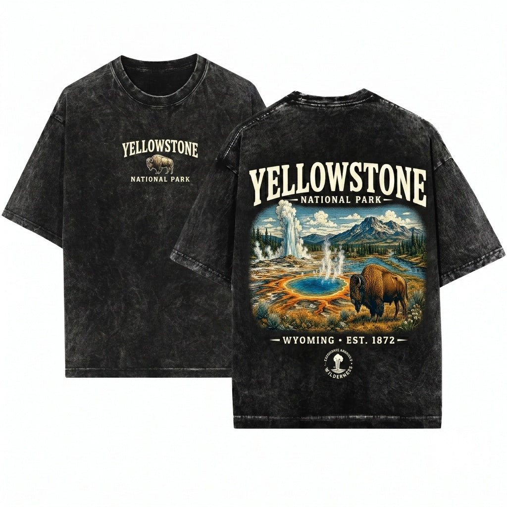 Yellowstone National Park Vintage Wyoming Nature Bison Geyser Landscape Outdoor Adventure Travel Gift Unisex Wash T-Shirt