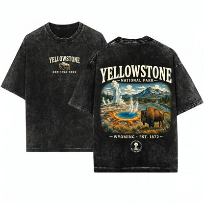 Yellowstone National Park Vintage Wyoming Nature Bison Geyser Landscape Outdoor Adventure Travel Gift Unisex Wash T-Shirt