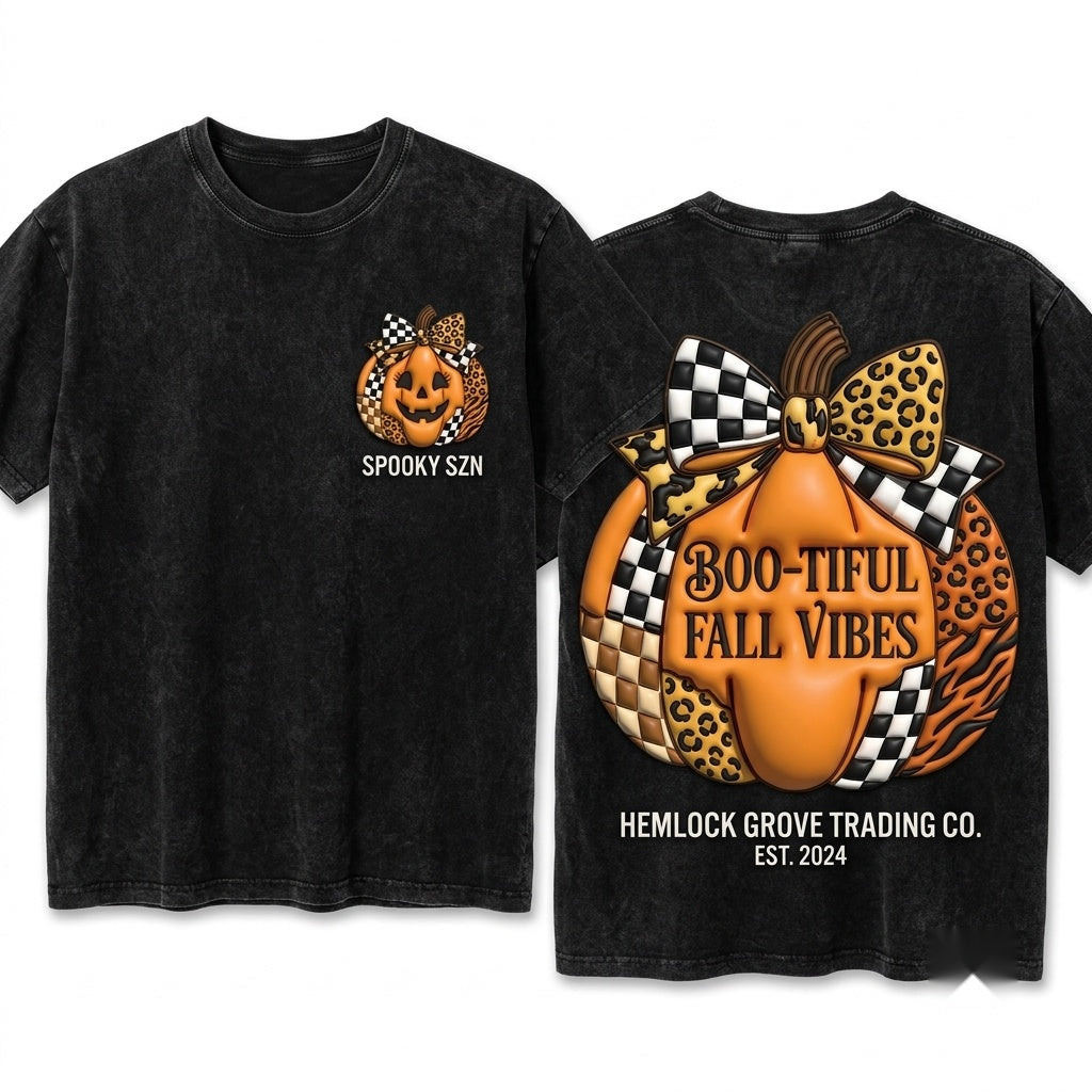 Coquette Cute Neutral Checkered Leopard Beige Boho Fall Halloween Pumpkin Gift Unisex Wash T-Shirt