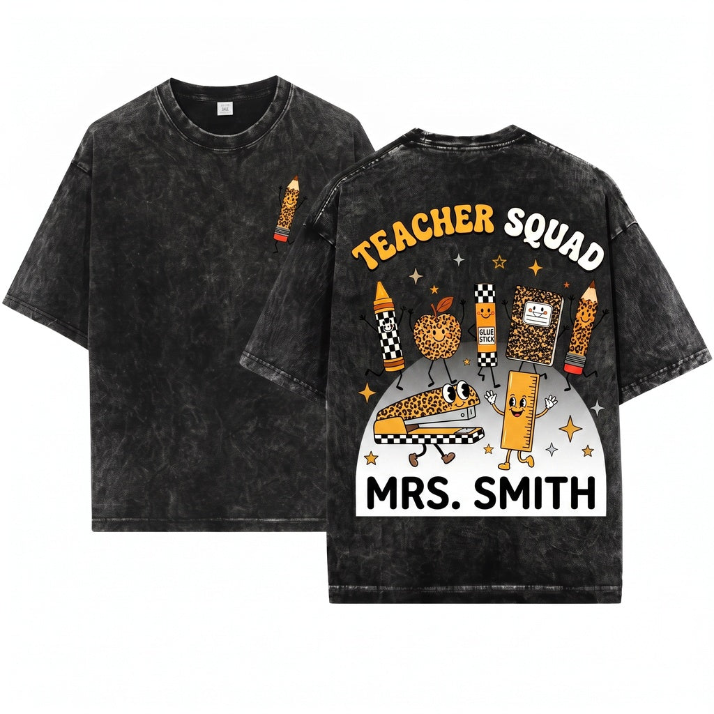 Leopard Checkered School Supplies Custom Teacher Name Back To Classroom Gift Unisex Wash T-Shirt