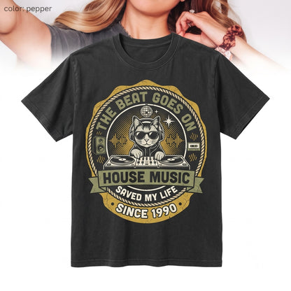Funny Cute DJ Cat House Music Lover Vintage Rave Cropped Top Gift For Her Unisex TShirt