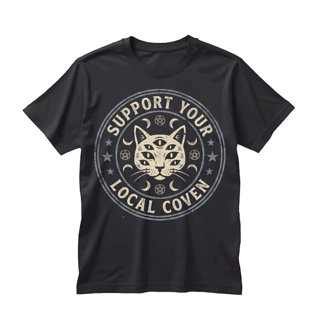Support Local Coven Third Eye Black Cat Celestial Goth Occult Graphic Unisex TShirt