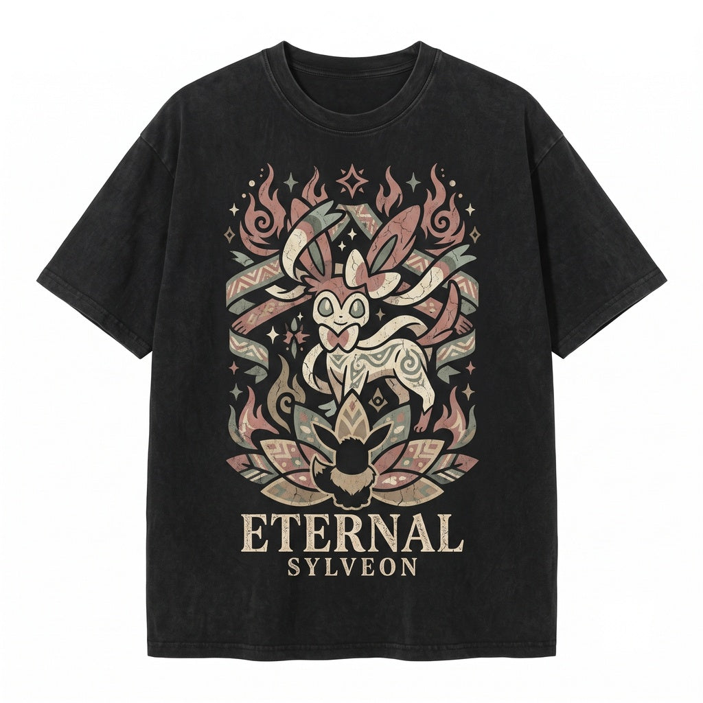Vintage Sylveon and Eevee Washed Cute Fairy Fox Evolution Graphic Kawaii Anime Oversized Apparel Unisex TShirt