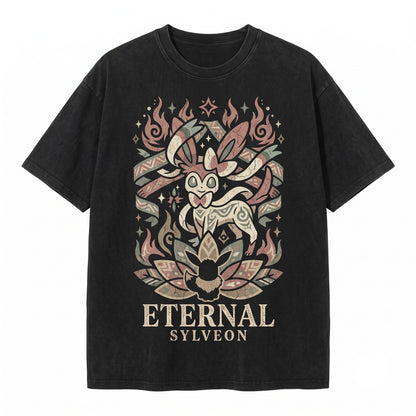 Vintage Sylveon and Eevee Washed Cute Fairy Fox Evolution Graphic Kawaii Anime Oversized Apparel Unisex TShirt
