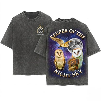 Three Barn Owl Retro Graphic Vintage Moon Bird Animal Lovers Gift Oversized Unisex Wash T-Shirt
