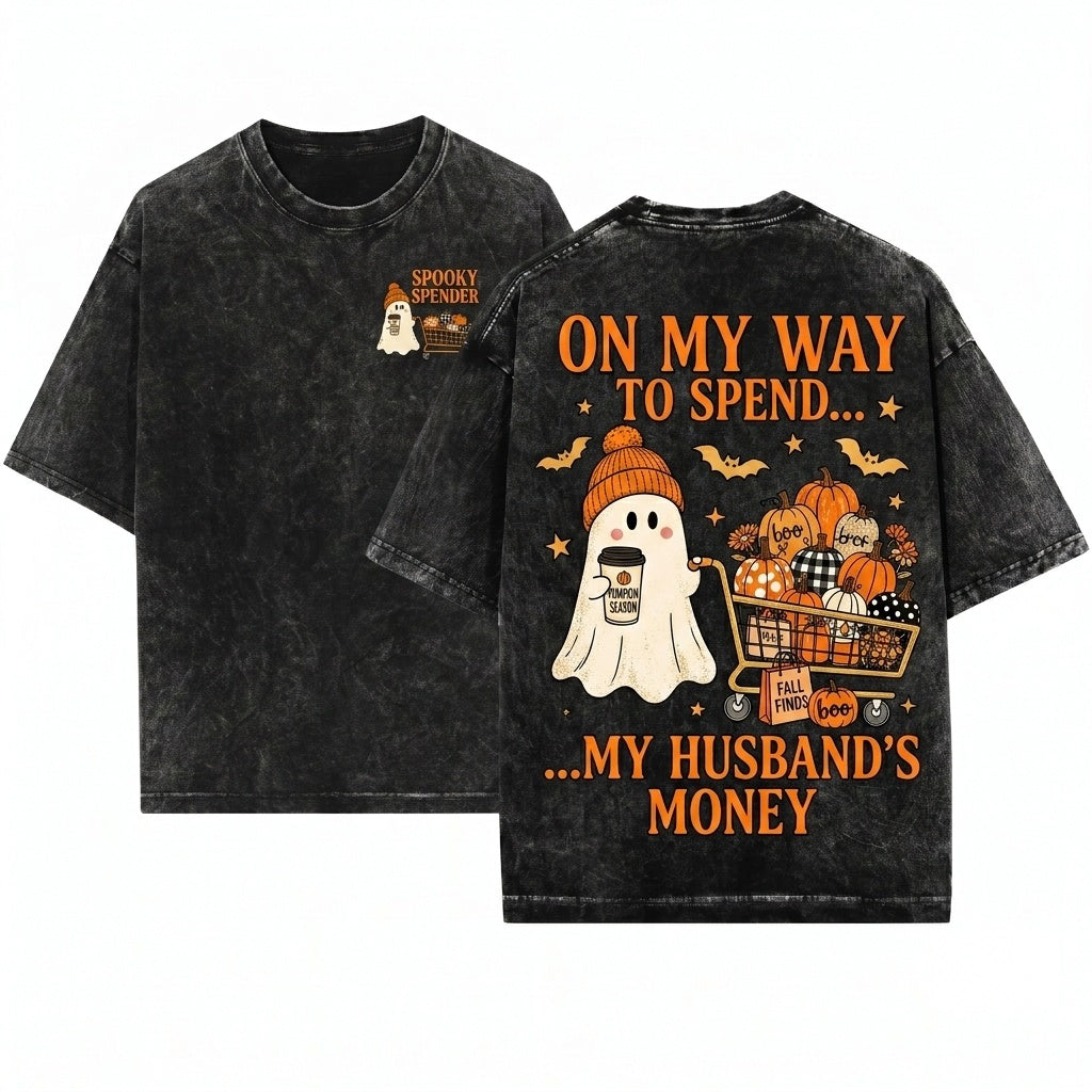 Funny Halloween Ghost Pushing Pumpkin Cart Latte Husband Money Spending Unisex Wash T-Shirt