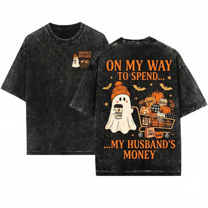 Funny Halloween Ghost Pushing Pumpkin Cart Latte Husband Money Spending Unisex Wash T-Shirt