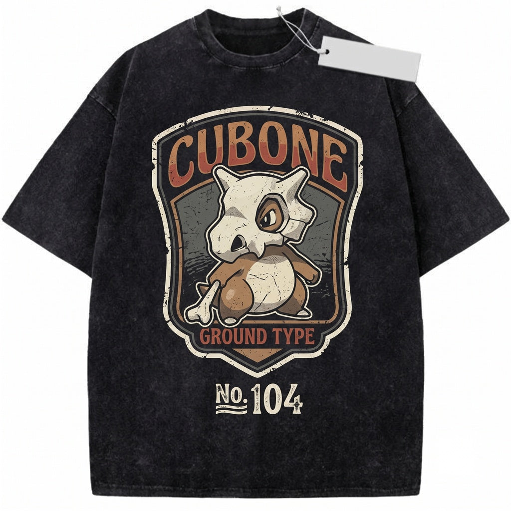 Cubone Vintage Wash Fire Skull Anime Graphic Retro Japanese Style Oversized Streetwear Gamer Gift Unisex TShirt