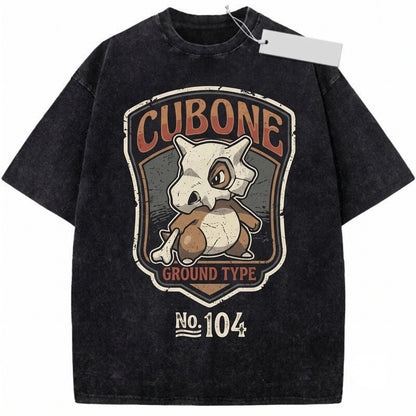Cubone Vintage Wash Fire Skull Anime Graphic Retro Japanese Style Oversized Streetwear Gamer Gift Unisex TShirt