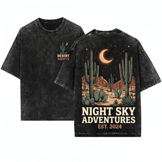 Vintage Desert Night Moon Cactus Rustic Southwest Nature Unisex Wash T-Shirt