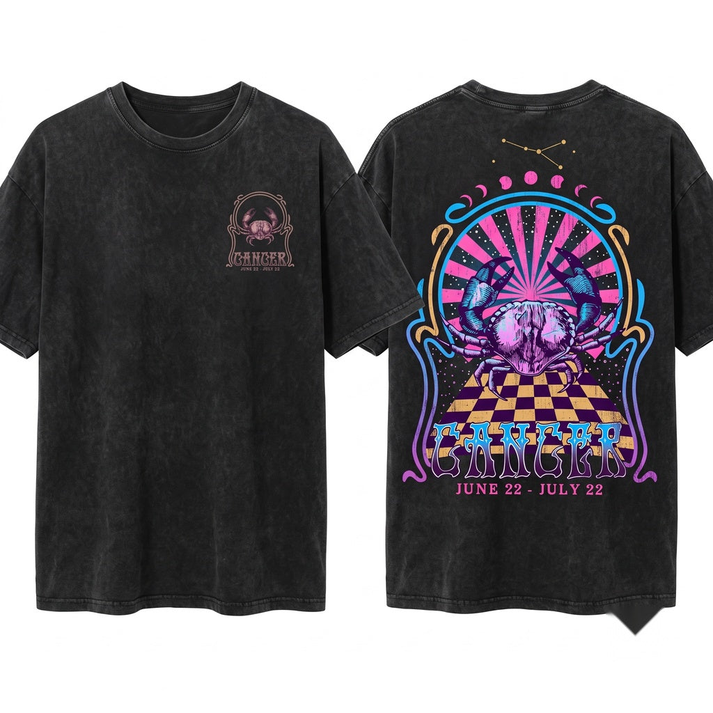 Cancer Zodiac Vintage Astrology Graphic Apparel Unisex Wash T-Shirt