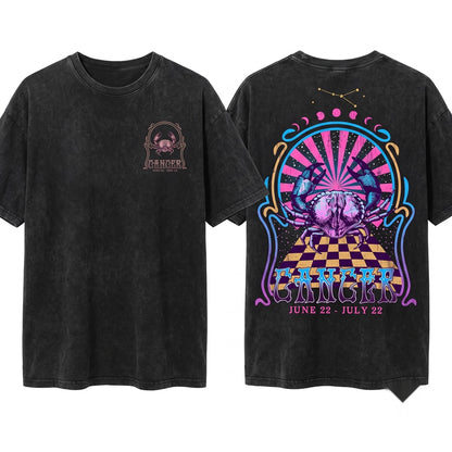 Cancer Zodiac Vintage Astrology Graphic Apparel Unisex Wash T-Shirt