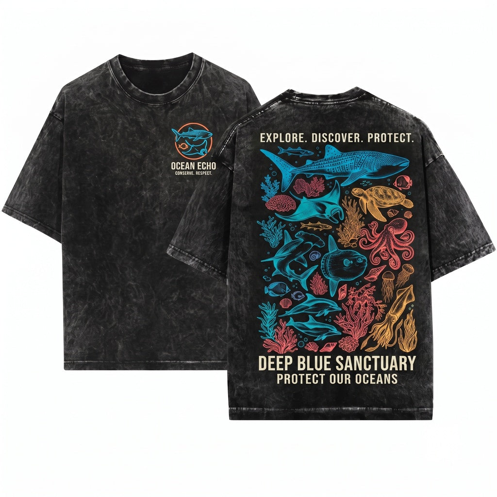 Vintage Ocean Animals Graphic Sea Life Shark Turtle Octopus Marine Biology Aesthetic Style Gift Unisex Wash T-Shirt
