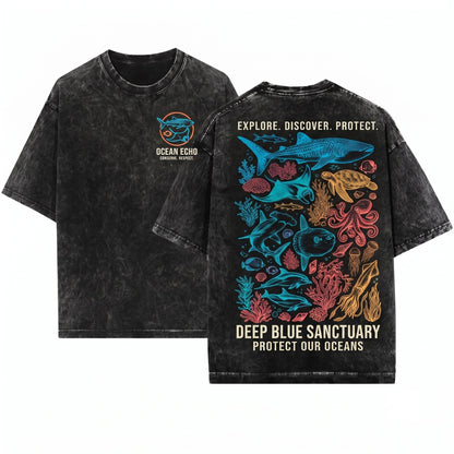 Vintage Ocean Animals Graphic Sea Life Shark Turtle Octopus Marine Biology Aesthetic Style Gift Unisex Wash T-Shirt