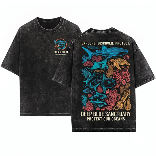 Vintage Ocean Animals Graphic Sea Life Shark Turtle Octopus Marine Biology Aesthetic Style Gift Unisex Wash T-Shirt