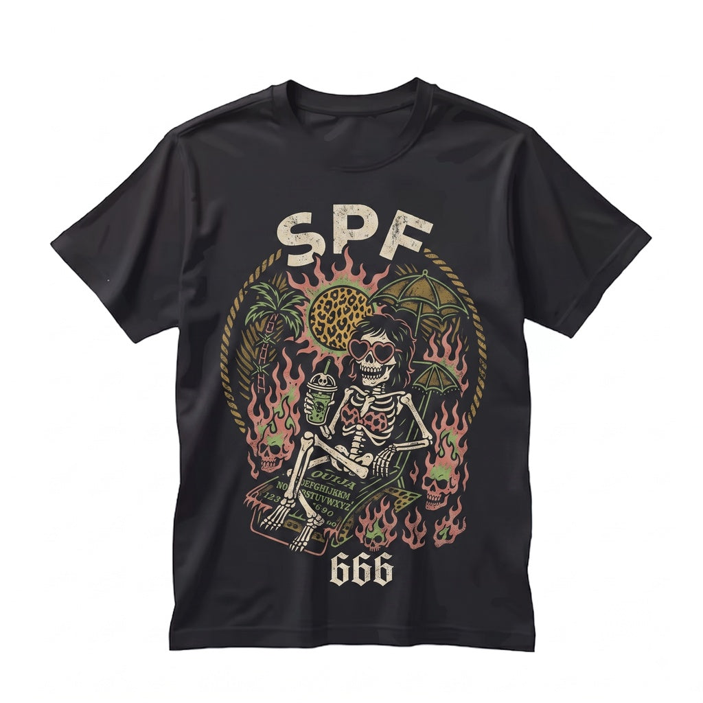 SPF 666 Summerween Halloween in July Spooky Creepy Cute Goth Skeleton Girl Coffin Floaty Unisex TShirt