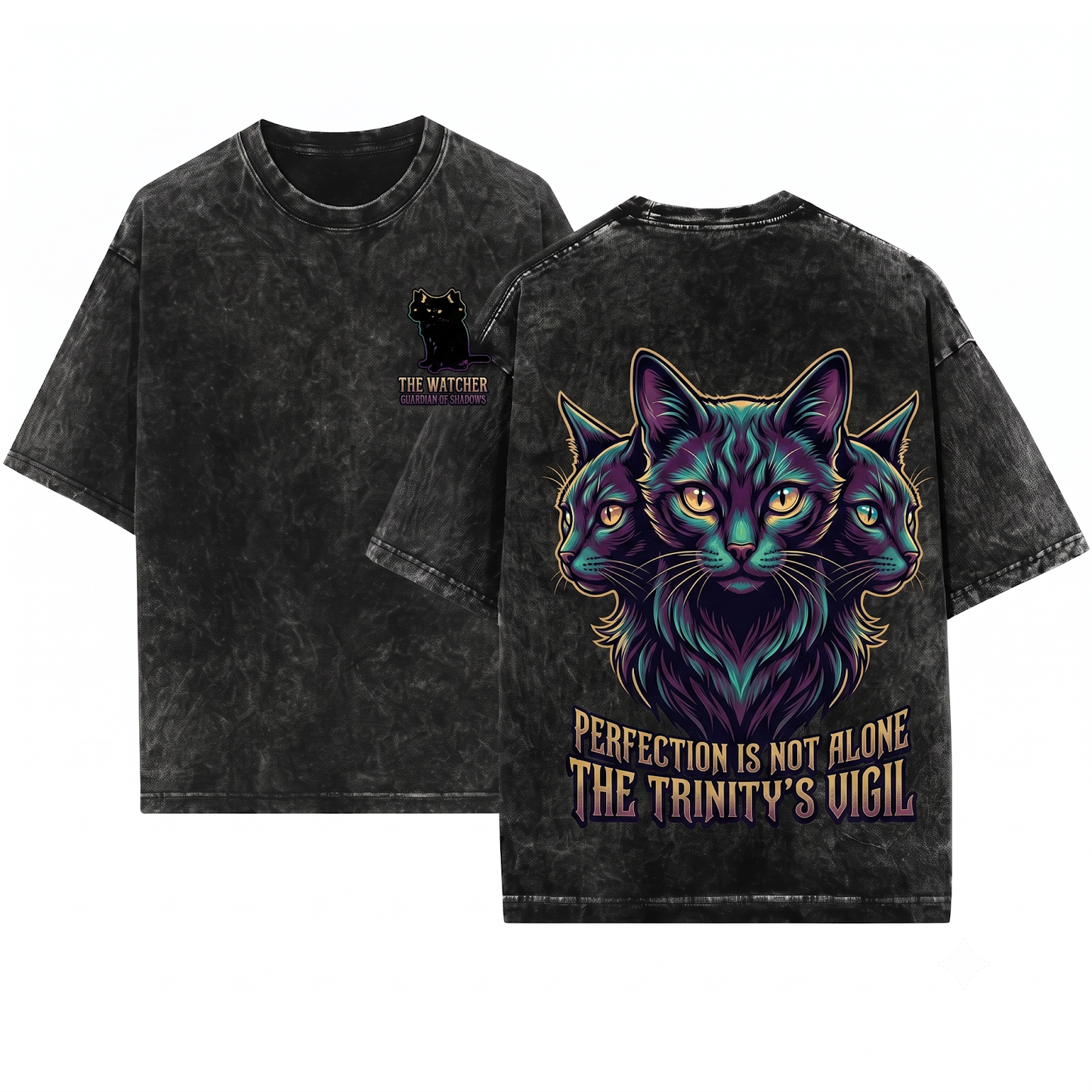 Three Headed Black Cat Minimalist Witchy Occult Surreal Feline Lover Unisex Heavyweight Garment-Dyed T-Shirt
