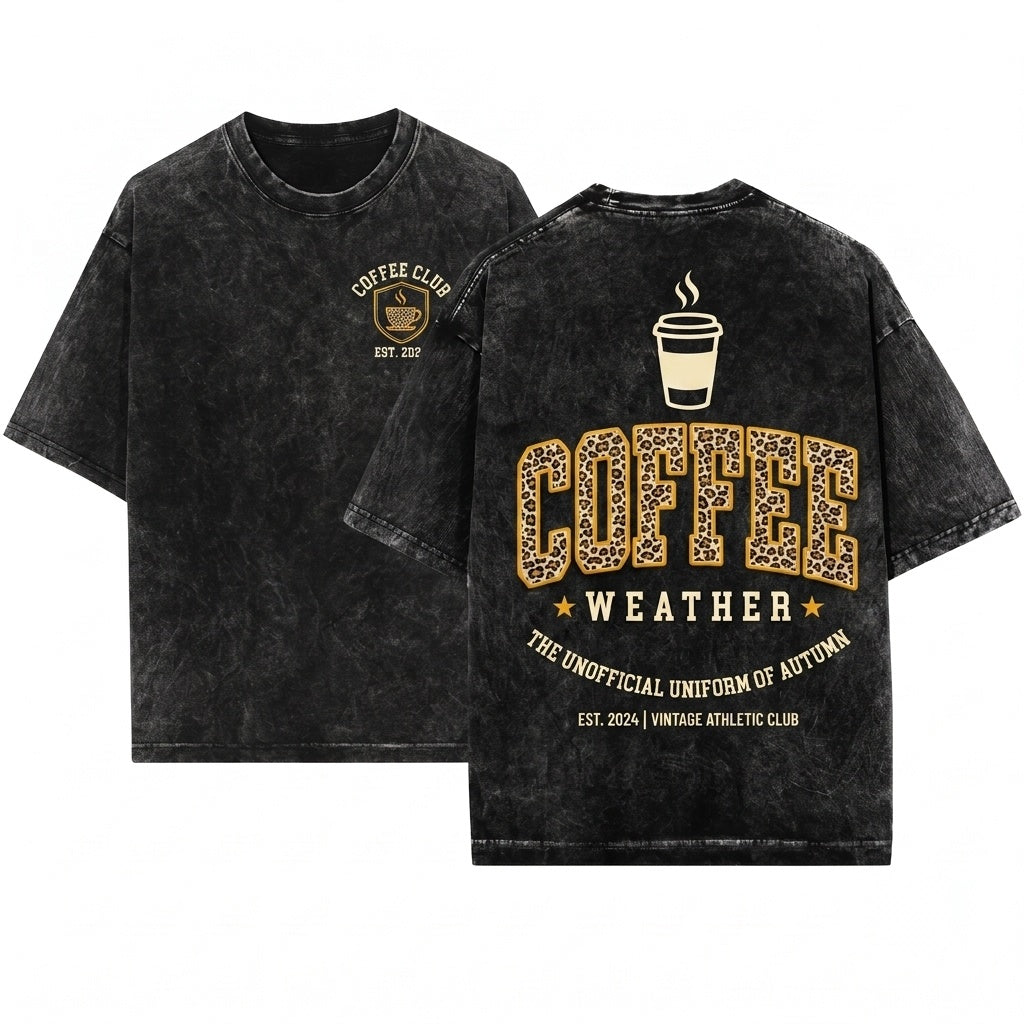 Coffee Lover Autumn Fall Weather Girly Leopard Print Womens Unisex Wash T-Shirt