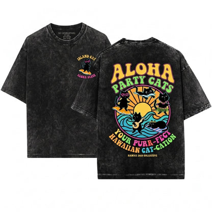 Funny Hawaiian Beach Vacation Surfing Tropical Black Cat Lover Graphic Unisex Wash T-Shirt