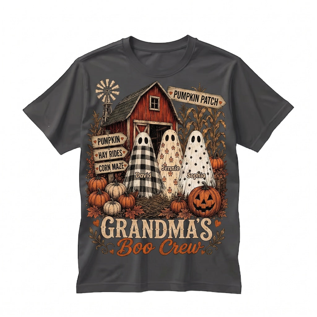 Personalized Grandma Boo Crew Pumpkin Patch Sweatshirt Custom Grandkid Name Trio Ghost Unisex TShirt