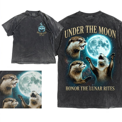 Retro 90s Vintage Three Otter Moon Meme Funny Animal Graphic Quirky Gift Unisex Wash T-Shirt