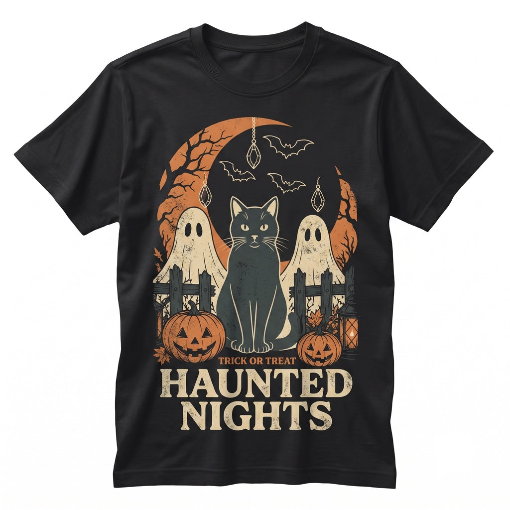 Black Cat Pumpkin Crescent Moon Gothic Stained Glass Spooky Halloween Gift Graphic Unisex TShirt