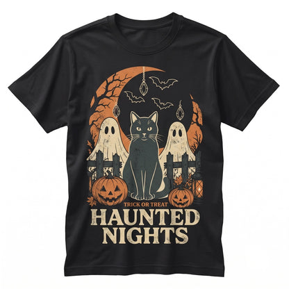 Black Cat Pumpkin Crescent Moon Gothic Stained Glass Spooky Halloween Gift Graphic Unisex TShirt
