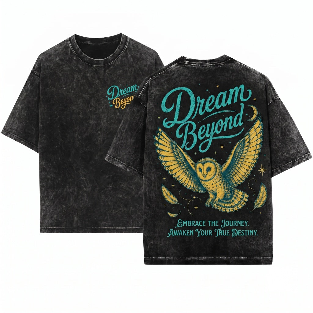 Dream Beyond Owl Inspirational Celestial 100% Cotton Graphic Unisex Wash T-Shirt